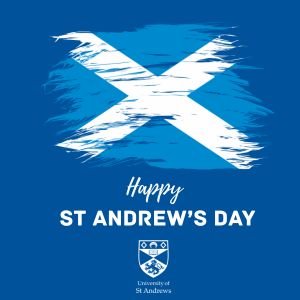 Blue background with saltire flag in the centre, text reads 'Happy St Andrew's Day'.