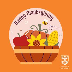 Text reads 'Happy Thanksgiving'. Orange background with a basket of pumpkin, corn, apple and sunflower with a bee buzzing overhead.